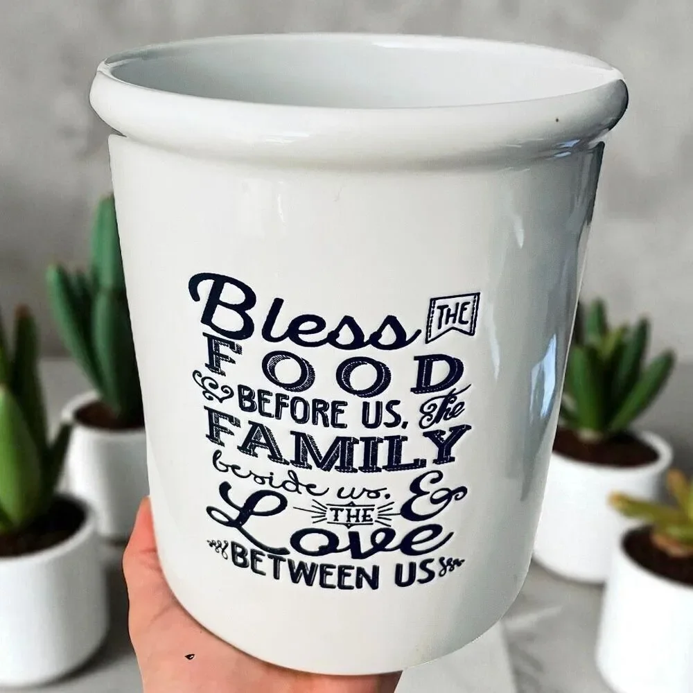 NWT Devotions Bless the Food Utensil White Ceramic Inspirational Container Jar